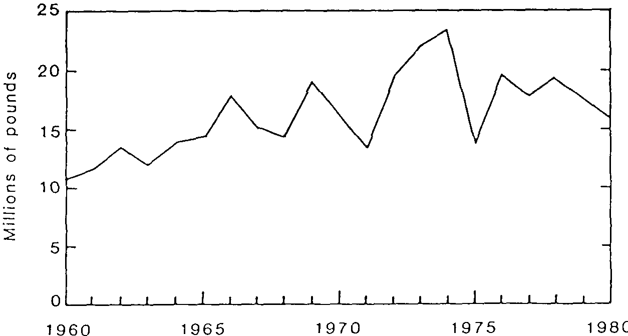 原始折线图展示1960至1980年美国钴需求变化，保留年份和百万磅刻度